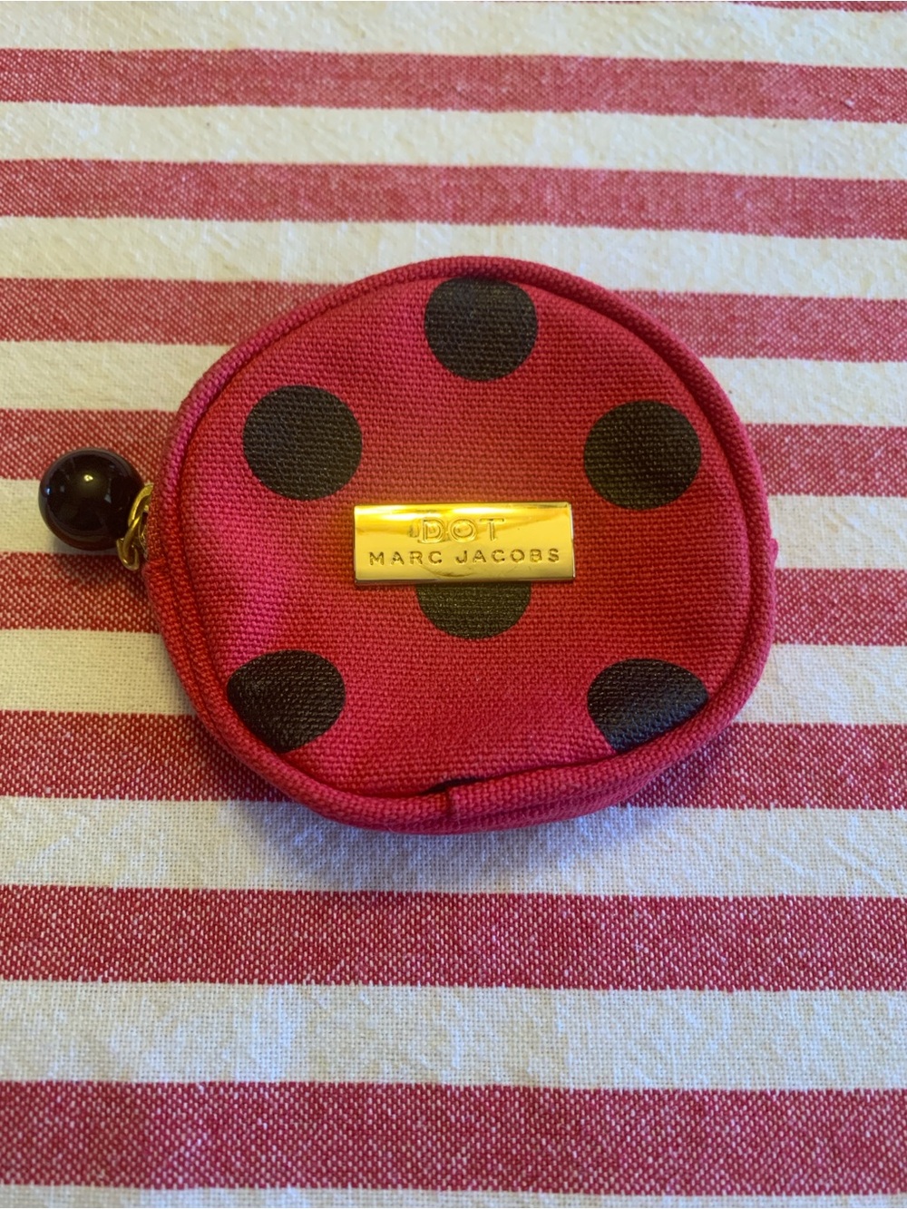 Marc Jacobs Dot Red & Black Polka Dot Round Coin Pouch with Gold Plaque